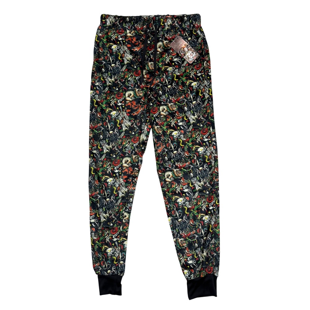 Ed Hardy Loungewear Tattoo Print Joggers Skulls Dragons Fleece Pajama Pants M